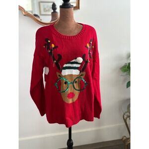 Red‎ Reindeer Christmas Sweater Women's PXL Holiday Party Striped Back